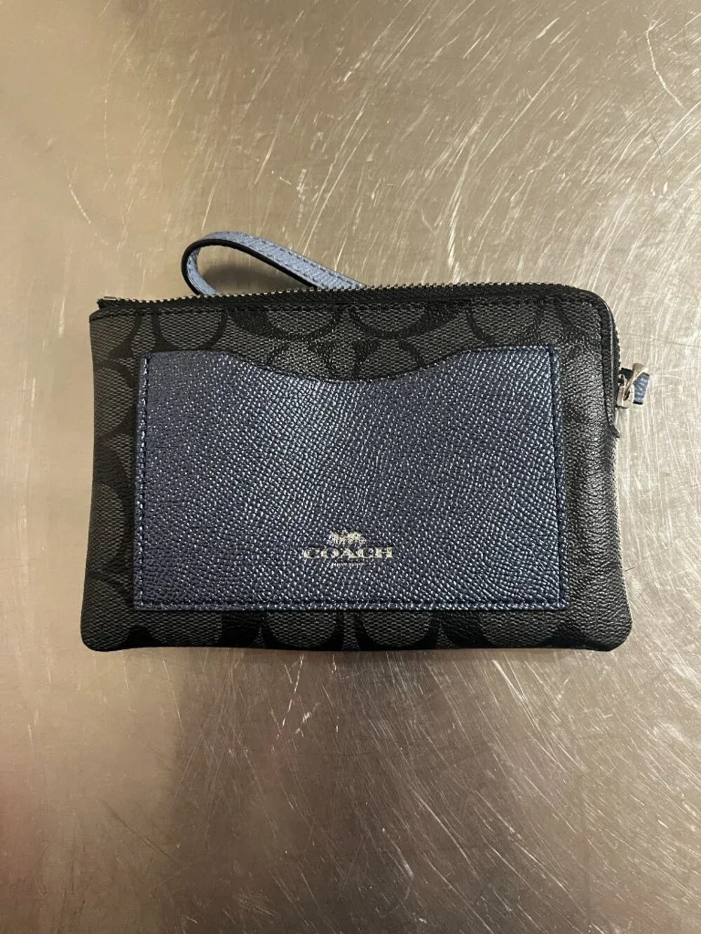 COACH Navy Metallic Wristlet with Black Signature Logo Wallet Pouch Clutch